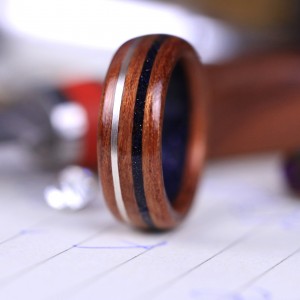 Bague garinlay en Bubinga, soleil bleu et argent