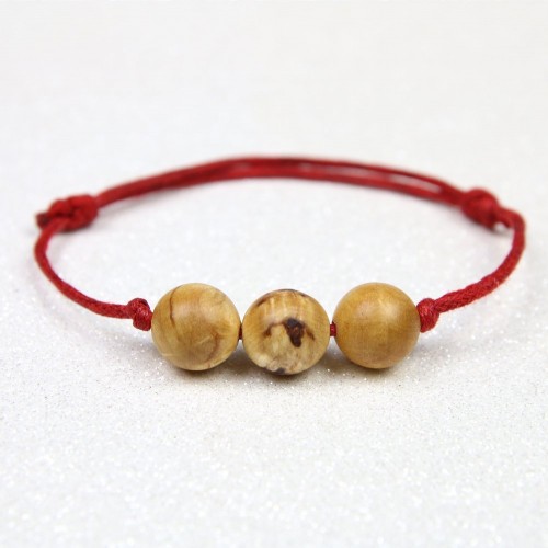 Bracelet en Bouleau madré avec fil rouge, bijou en bois de qualité, perles en bois, bracelet en bois