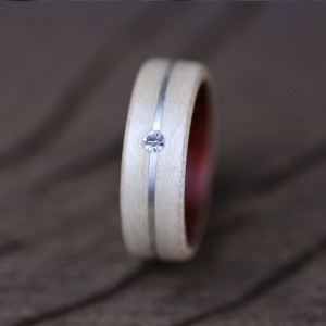 Bague "Couleur mariage" en Padouk, Sycomore, fil d'argent sterling 925 et diamant, bague en bois de qualité