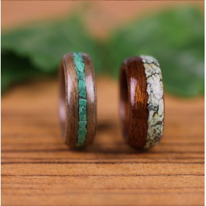 Duo d'alliances en Acajou, Noyer, Turquoise et Malachite 1