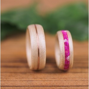 Duo d'alliances en Érable, Agathe slice rose, Howlite et Fil d'or rose 14K, bagues en bois de qualité