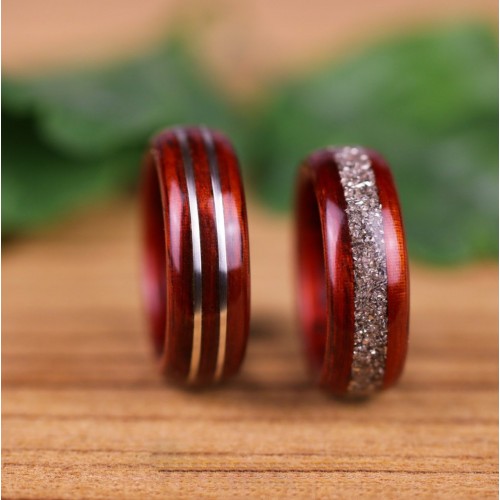 Duo d'alliances en Padouk, Fil d'Argent sterling et Paillettes de verres argent