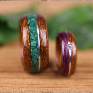 Duo d'alliances en Louro Faya, Amarante, Malachite, Fil d'Argent Sterling 925 et diamant, bagues en bois de qualité