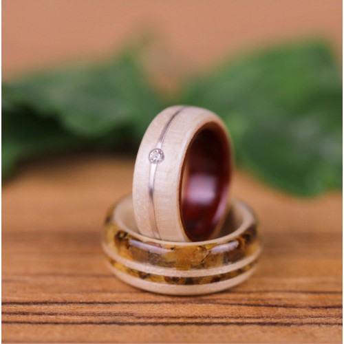 Duo d'alliances en Sycomore, Padouk, Érable, Oeil de tigre, Fil d'Argent Sterling 925 et Diamant